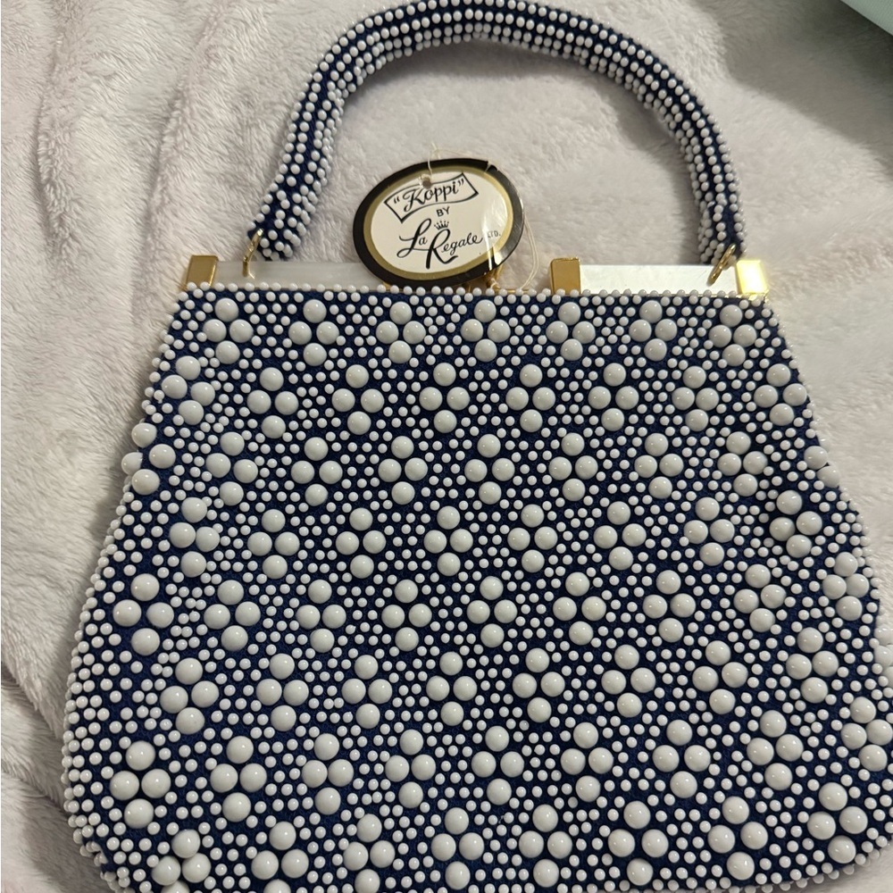 La Regale Koppi Blue and White Beaded Handbag